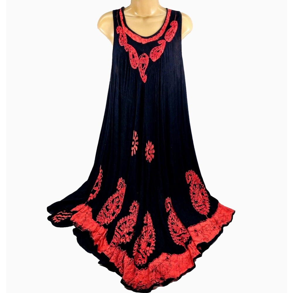 Laddi Vintage Dress Maxi Paisley One Size Indian Tribal Black Beach Swim Hippie